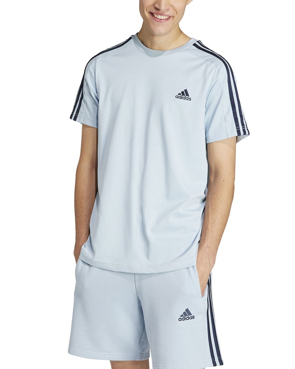  T-shirt maglia maglietta UOMO Adidas Azzurro Essentials Single Jersey 3-Stripes